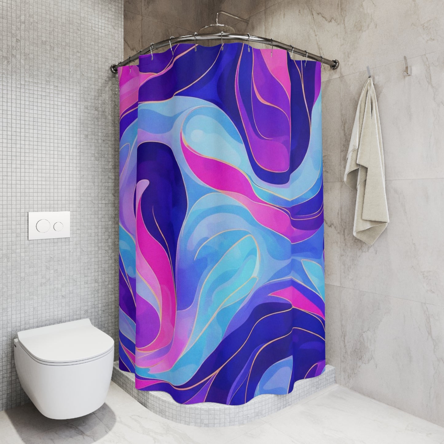 Abstract Ocean Waves Shower Curtain — Blue & Pink Swirl Bathroom Decor