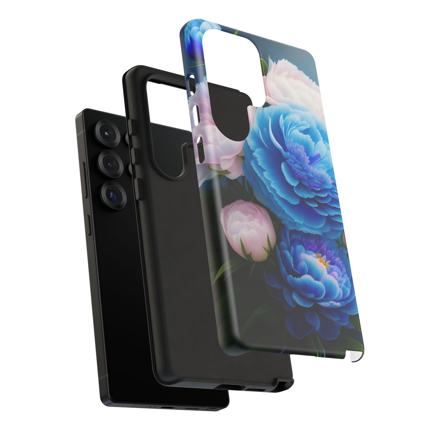 Floral Blue Peony Phone Case — Protective Tough Case with Pink & Blue Blooms