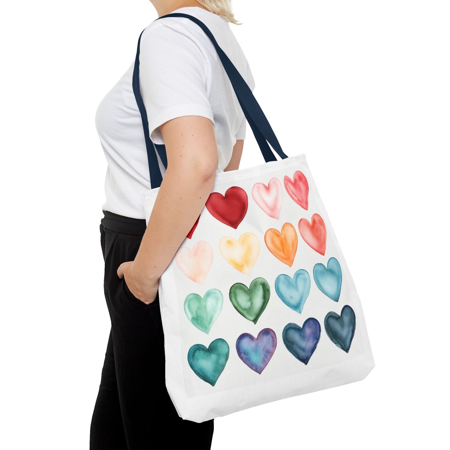 Watercolor Rainbow Hearts Tote Bag — Colorful Heart Pattern Beach & Market Tote