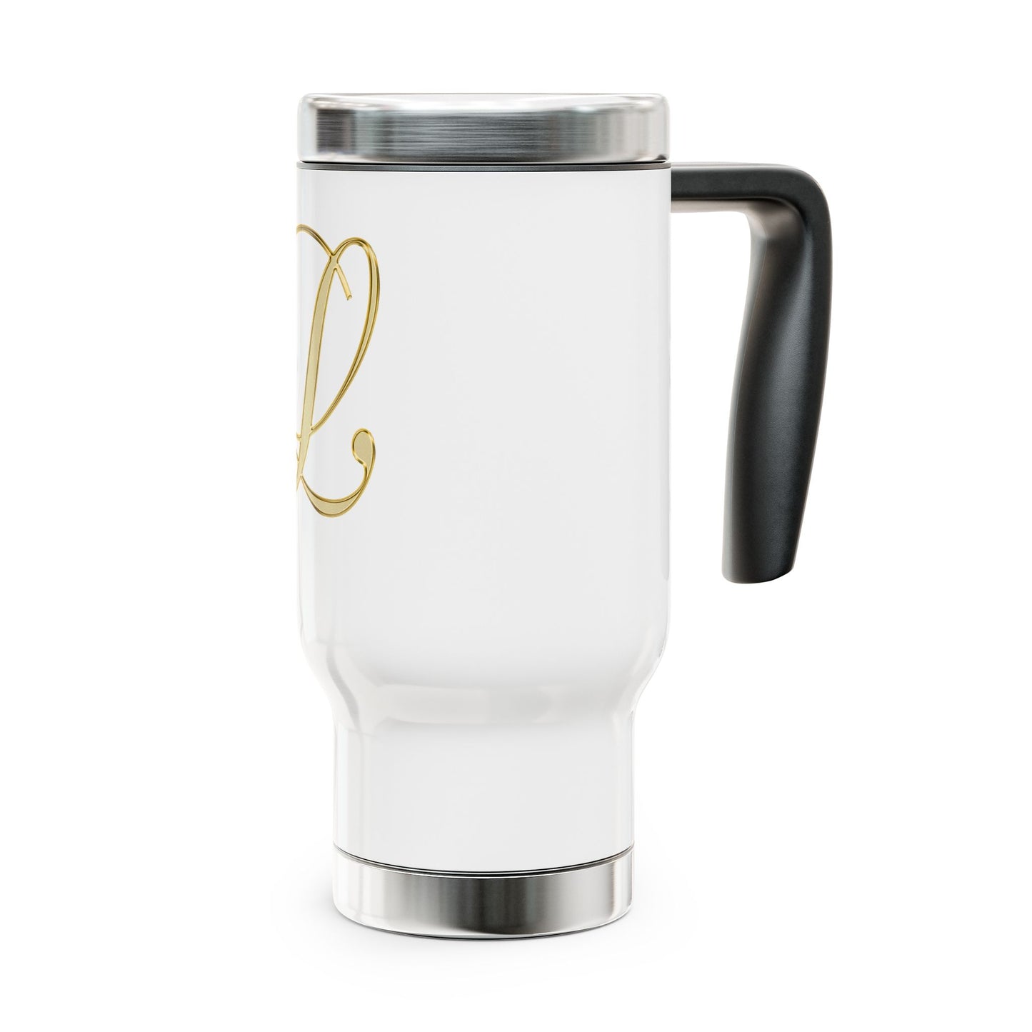 Monogram L Gold Travel Mug — 14oz Stainless Steel Tumbler with Handle