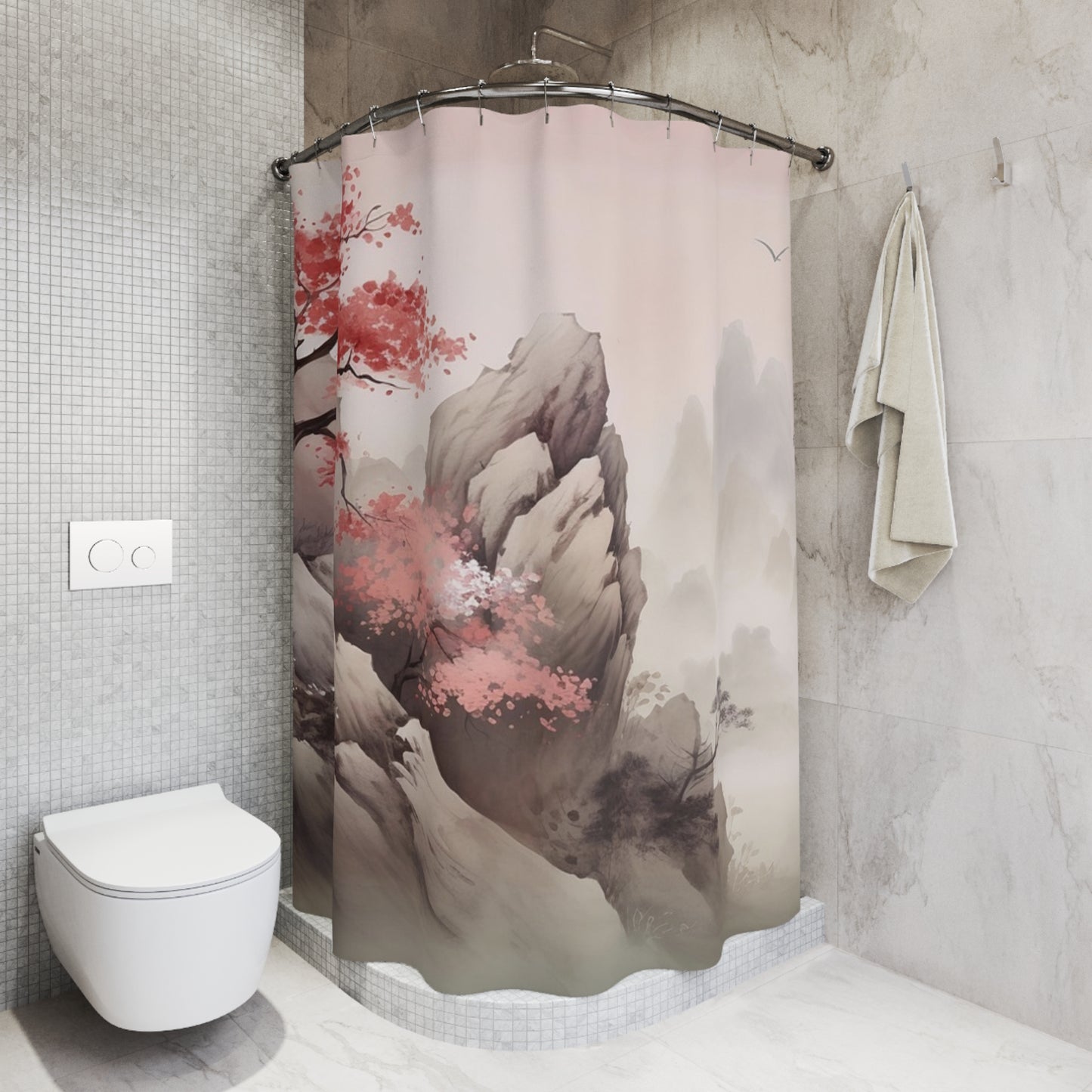 Asian Landscape Shower Curtain — Cherry Blossom Mountain Mist Bathroom Decor
