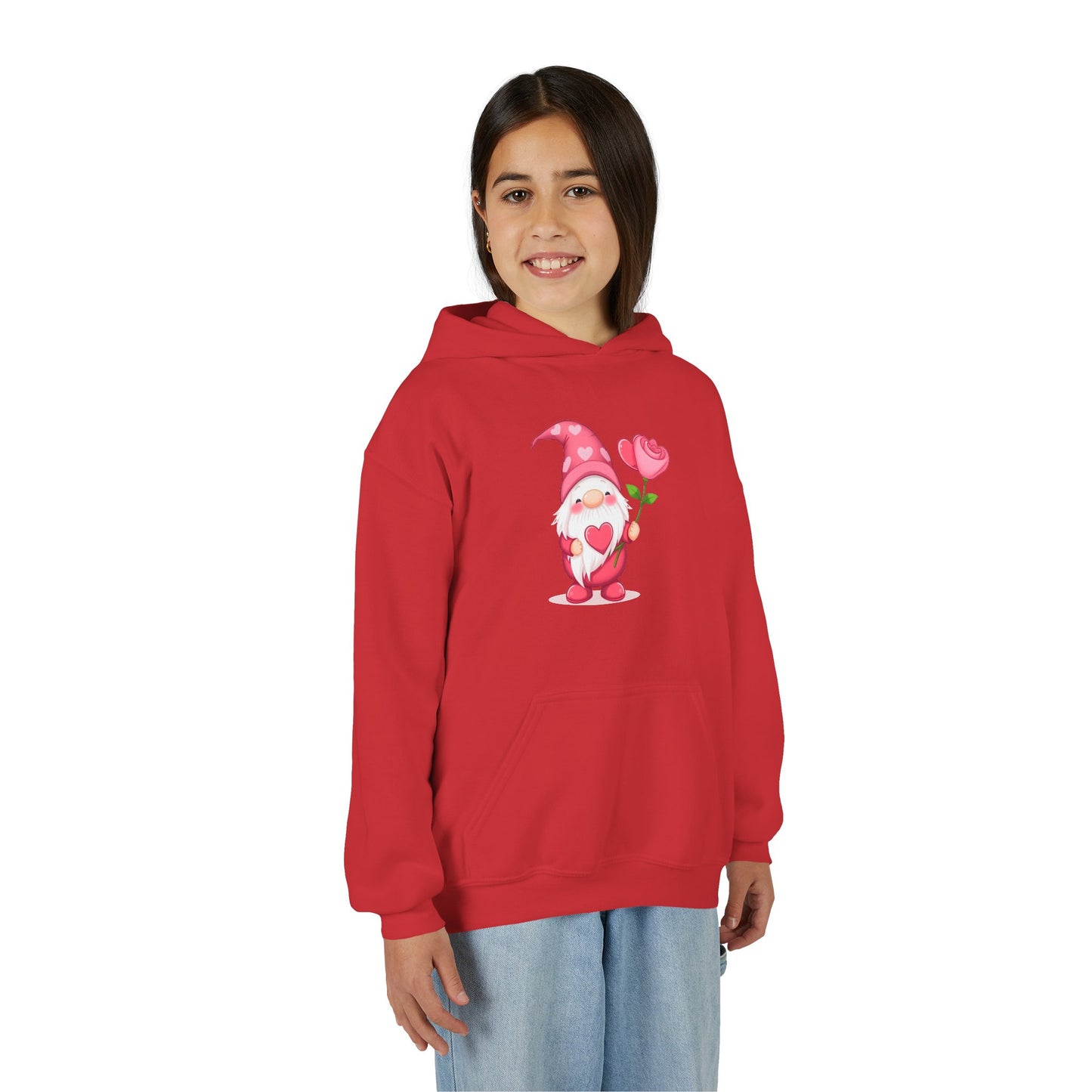 Valentine Gnome Kids Hoodie — Cute Pink Gnome Holding Rose Youth Sweatshirt