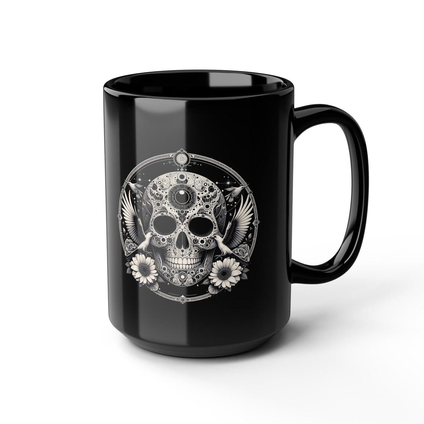 15oz Black Mug — Gothic Skull with Doves & Daisies Coffee Cup