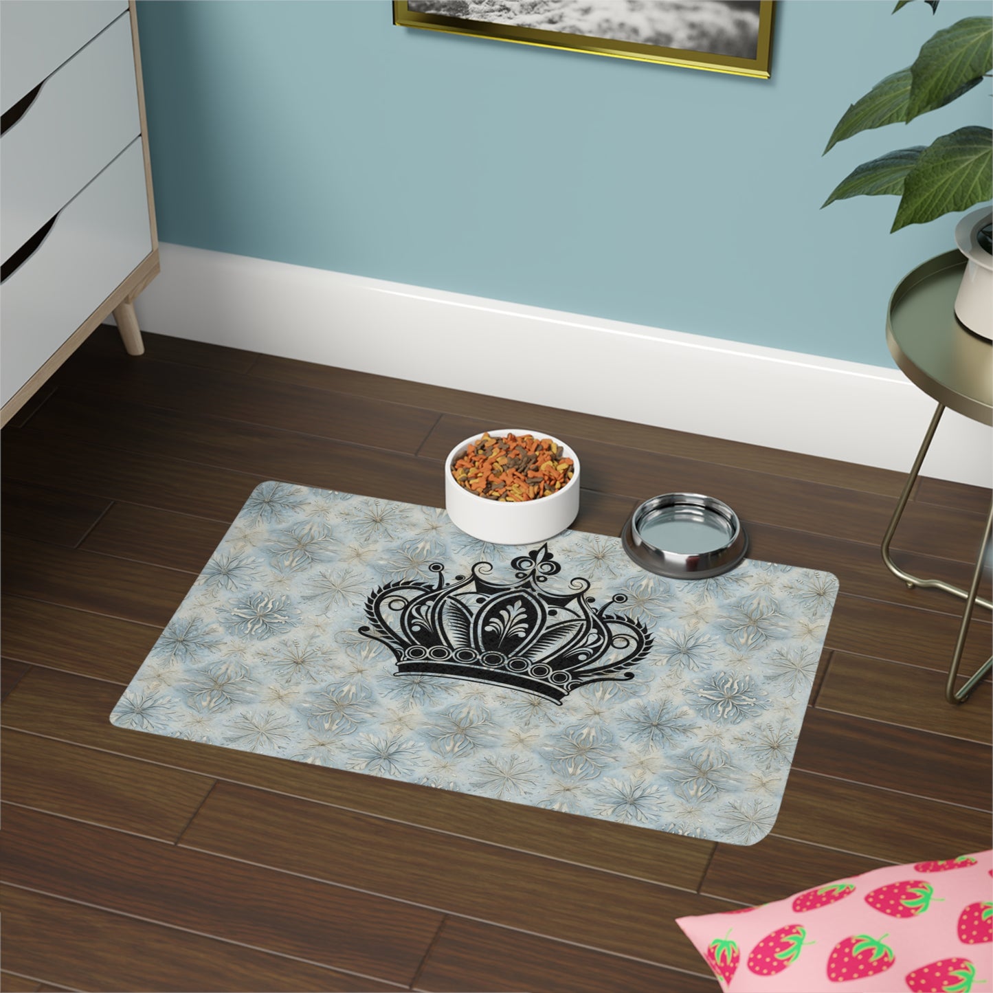 Crown Pattern Pet Food Mat — Royal Blue Decorative Cat & Dog Bowl Placemat (12x18)