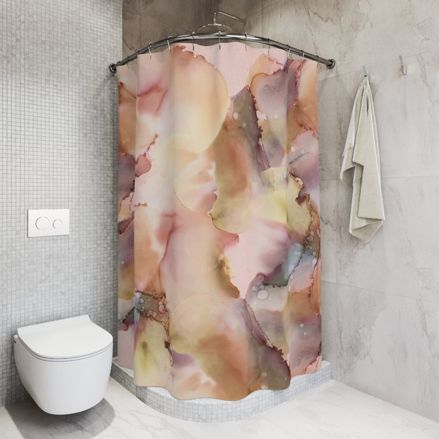 Abstract Watercolor Shower Curtain — Blush, Mauve & Gold Bathroom Decor