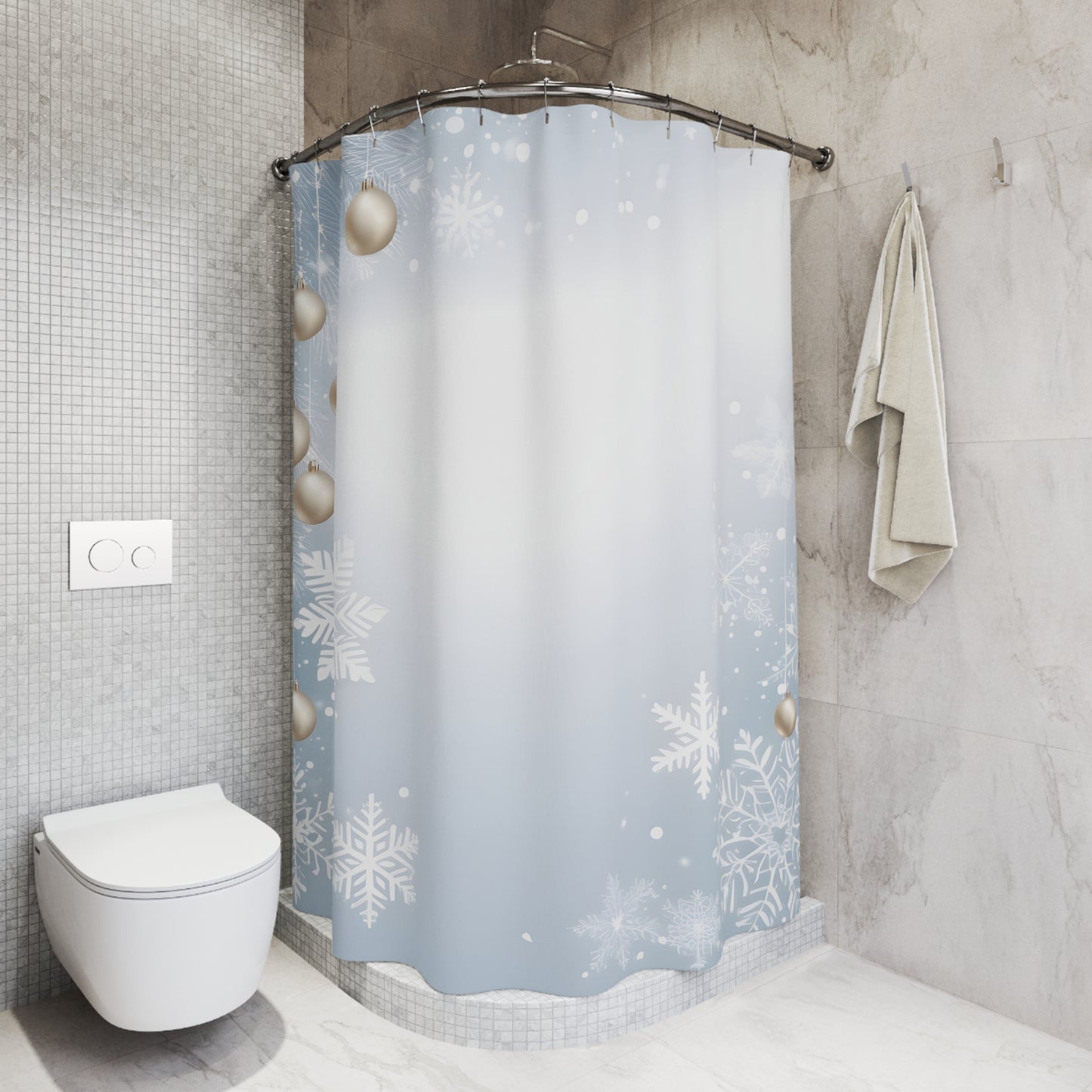 Winter Snowflake Shower Curtain with Silver Ornaments — Holiday Bathroom Decor