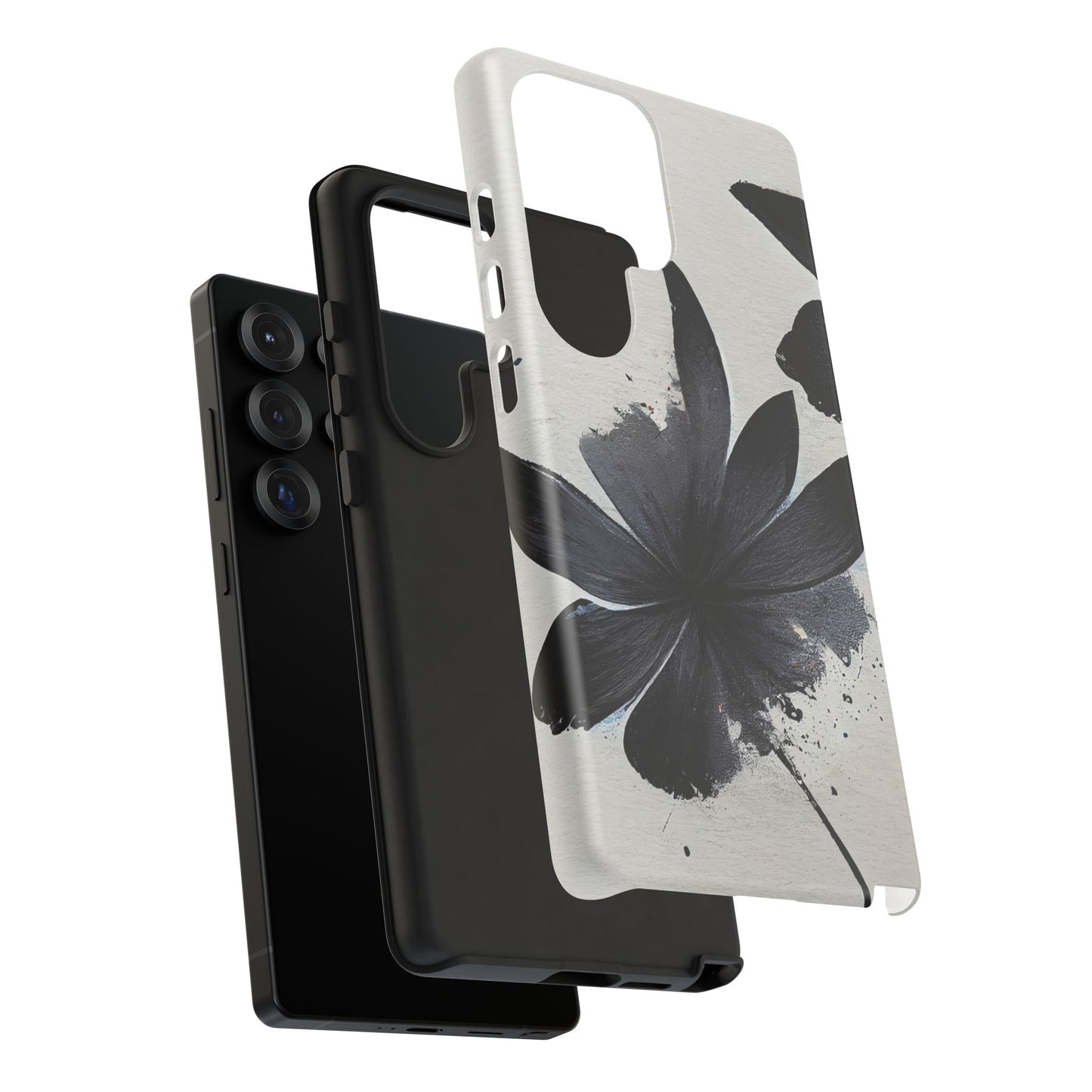 Monochrome Floral Tough Phone Case — Black Ink Flower Protective Cover