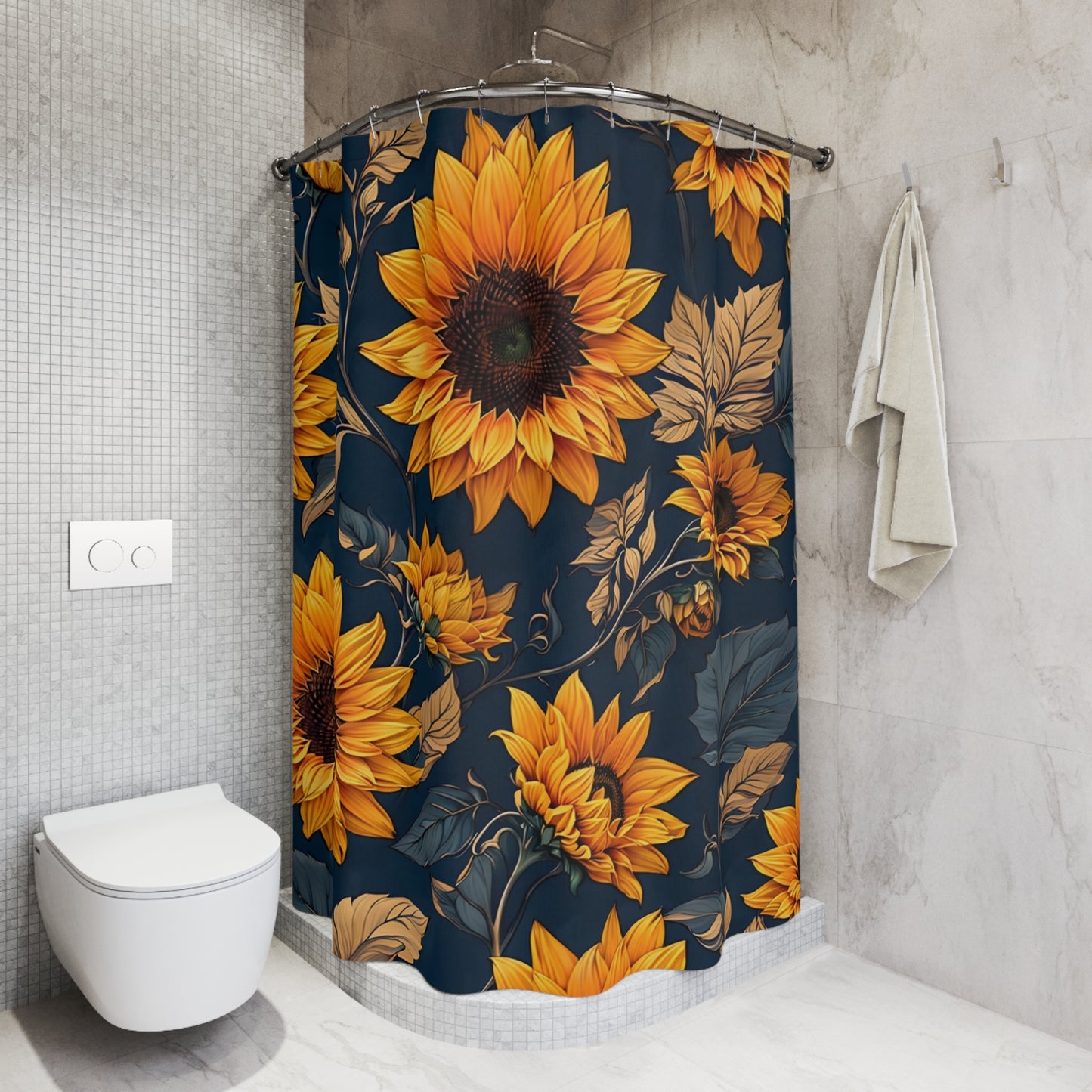 Sunflower Shower Curtain — Golden Sunflowers on Navy Floral Bath Curtain