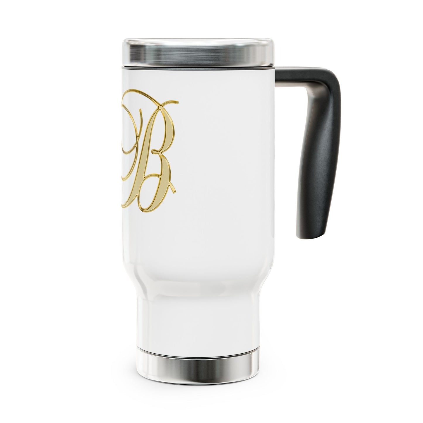 Monogrammed Gold Script “B” Travel Mug – 14oz Stainless Steel with Handle