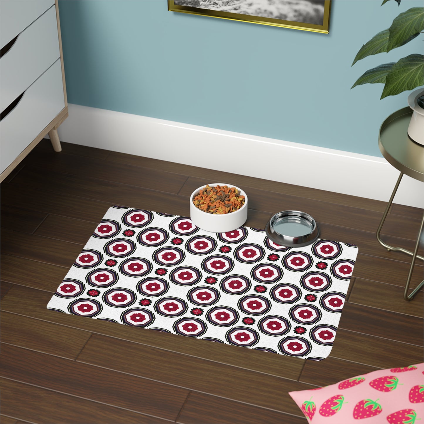 Pet Food Mat — Red & Black Geometric Paw Print Placemat (12x18)