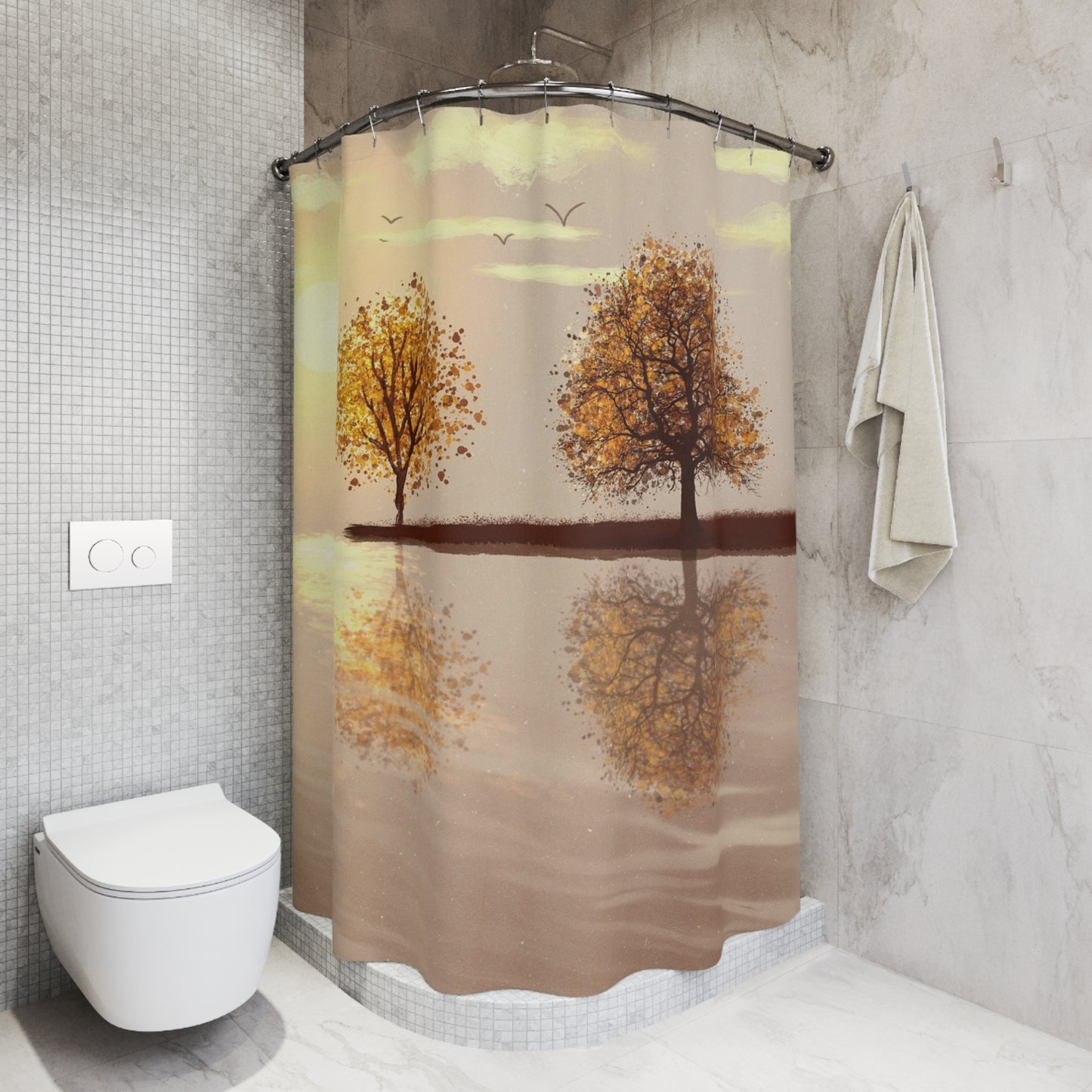 Autumn Reflection Shower Curtain — Golden Trees Sunrise Bathroom Decor