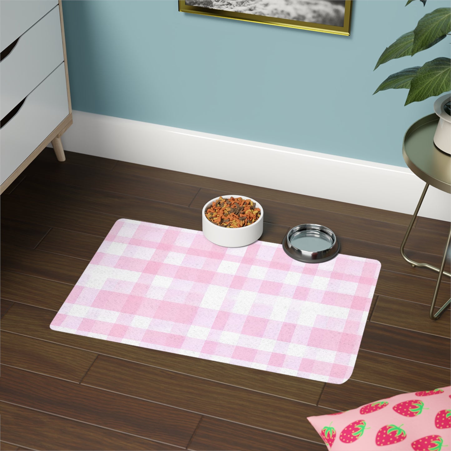 Pink Gingham Pet Food Mat — 12x18 Absorbent Placemat for Cats & Dogs