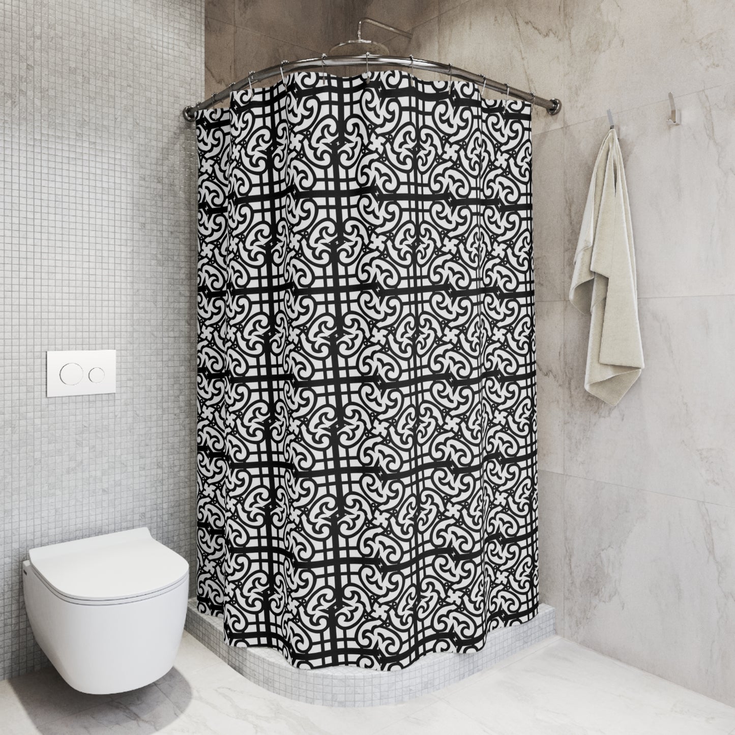Black and White Moroccan Tile Shower Curtain — Elegant Geometric Bathroom Decor