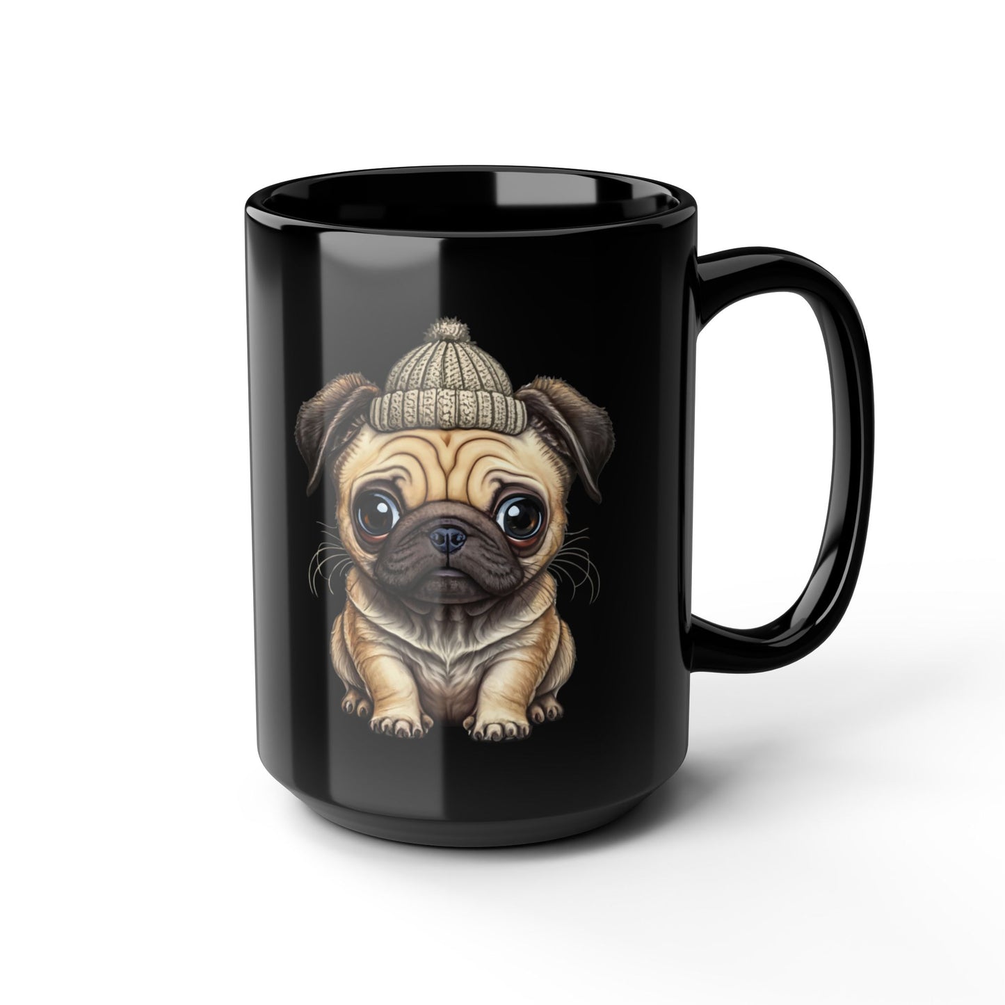 15oz Black Mug — Cute Pug Puppy with Beanie Coffee Mug