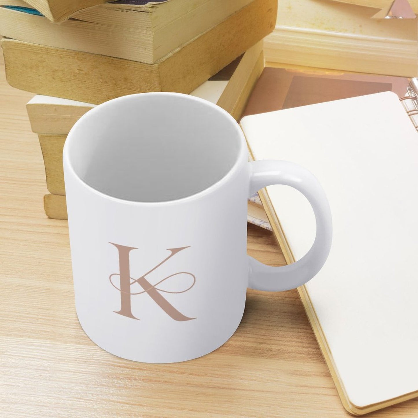 14oz White Ceramic Mug with Handle - Letter K