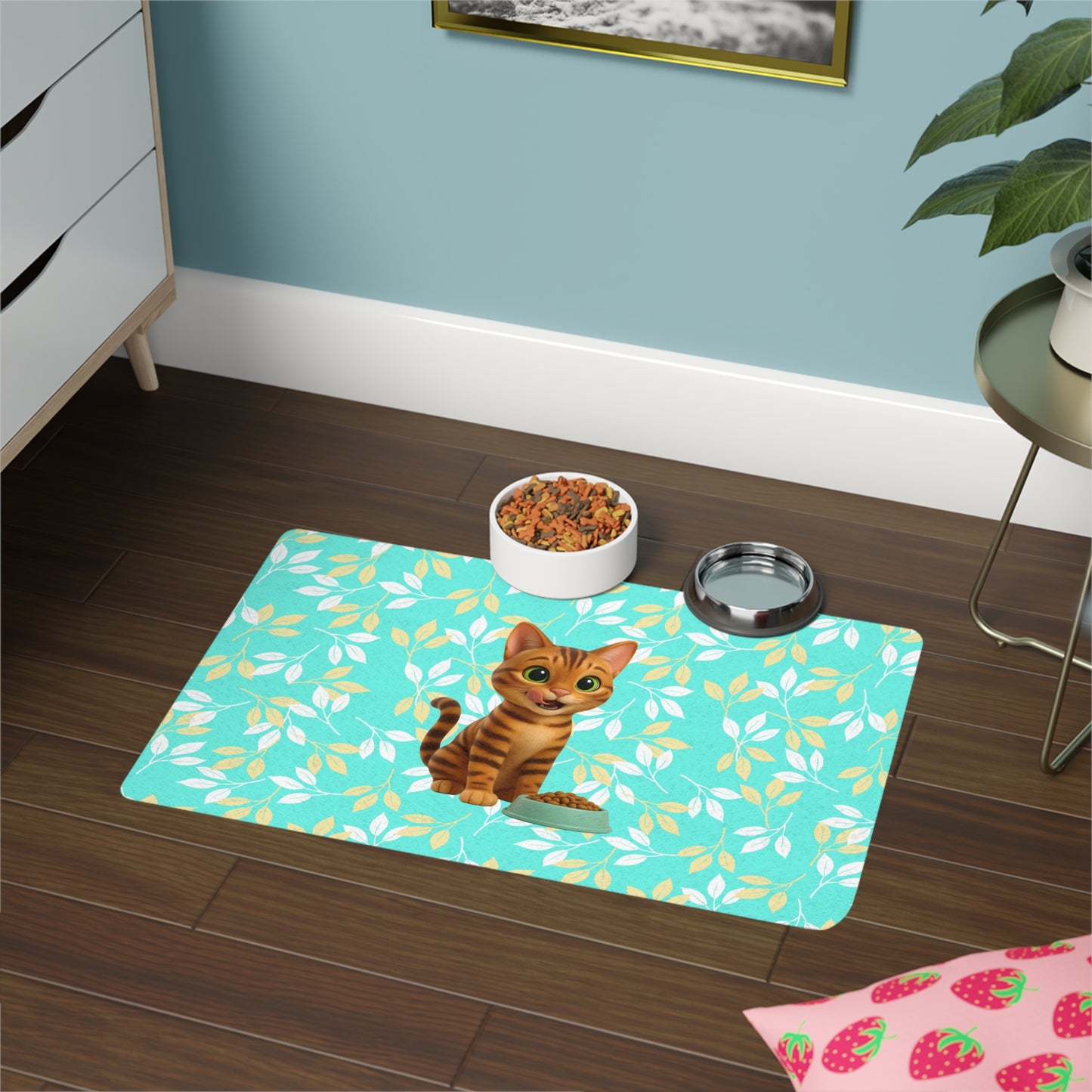 Cute Tabby Cat Pet Food Mat (12x18) — Non-Slip Feeding Placemat with Teal Leaf Pattern