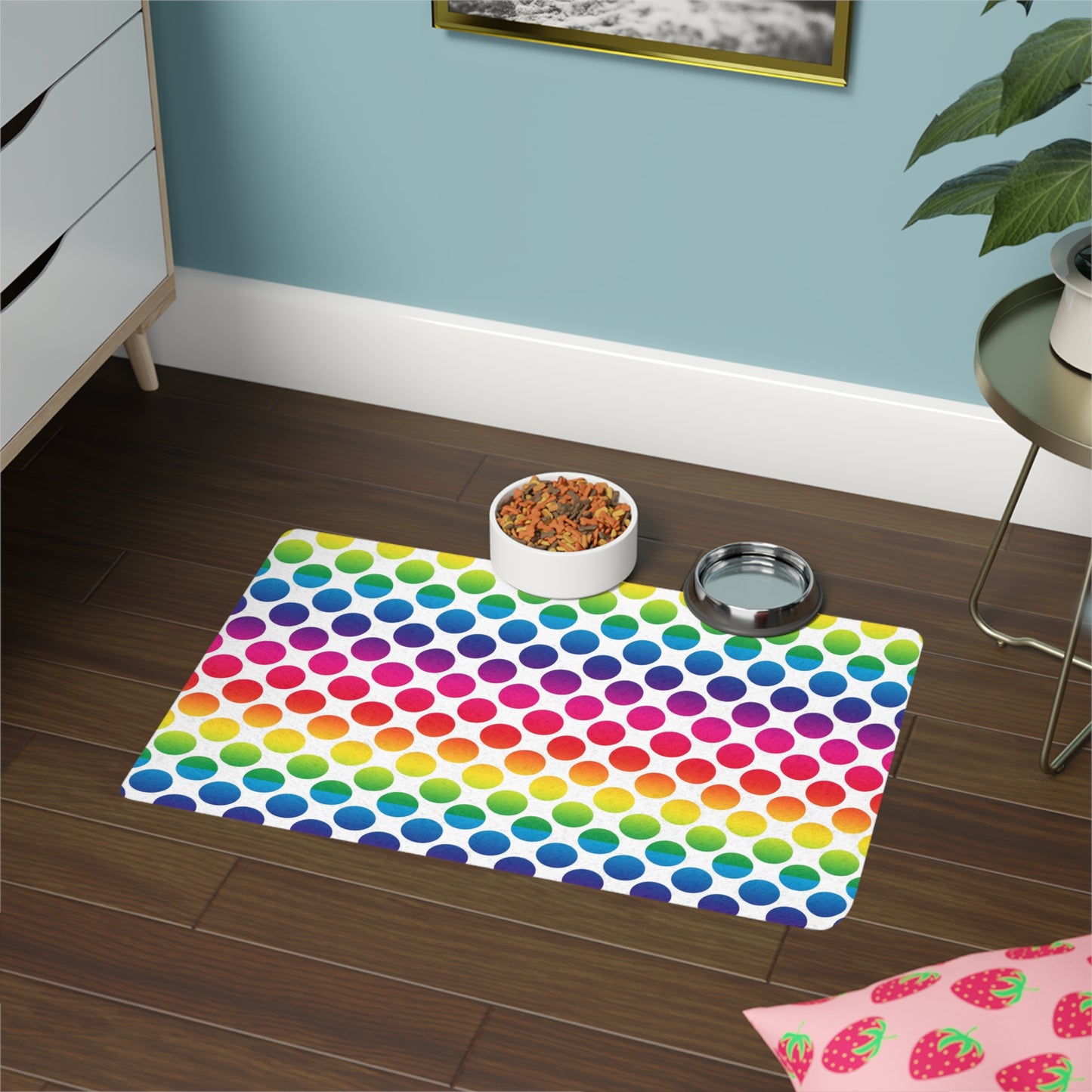 Rainbow Polka Dot Pet Food Mat (12x18) — Non-Slip Feeding Placemat for Cats & Dogs