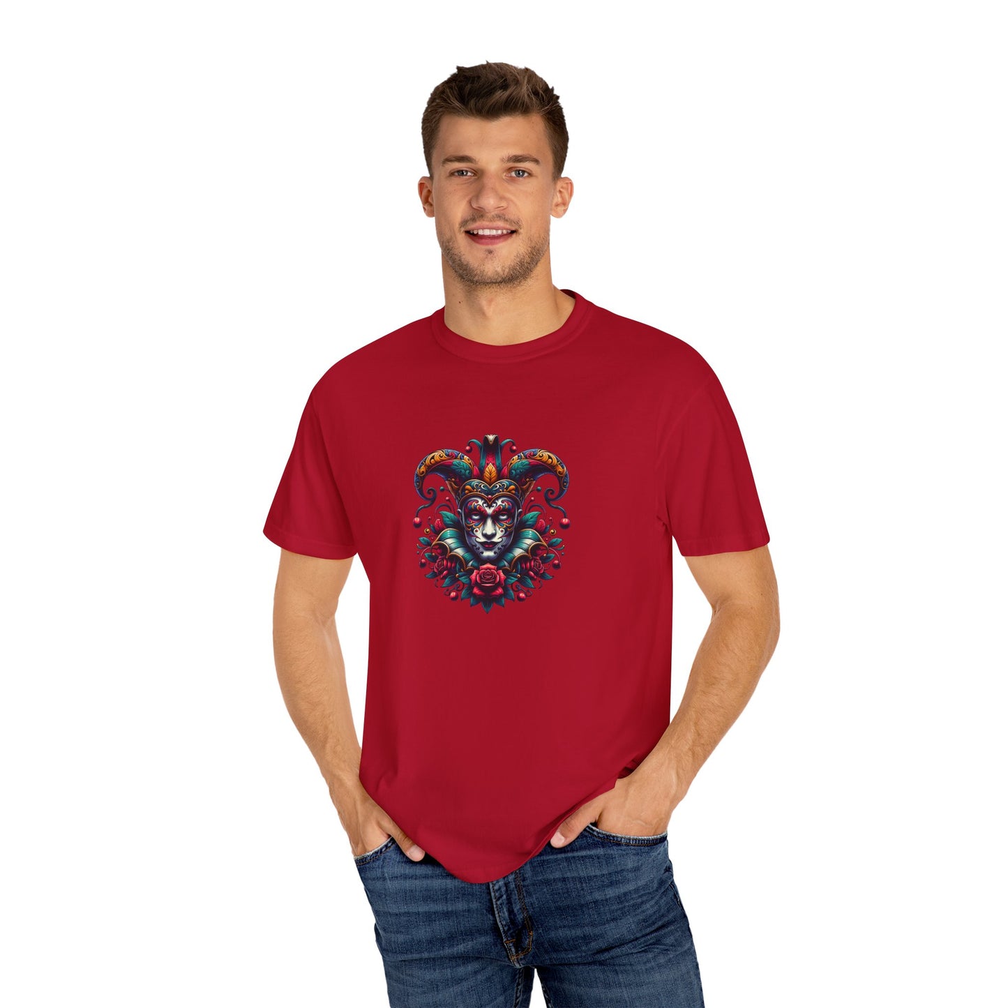 Vibrant Graphic Unisex T-Shirt with Floral Mask Design