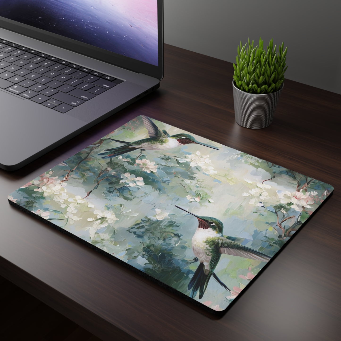 Hummingbird Floral Mouse Pad — Rectangular Artistic Desk Mat
