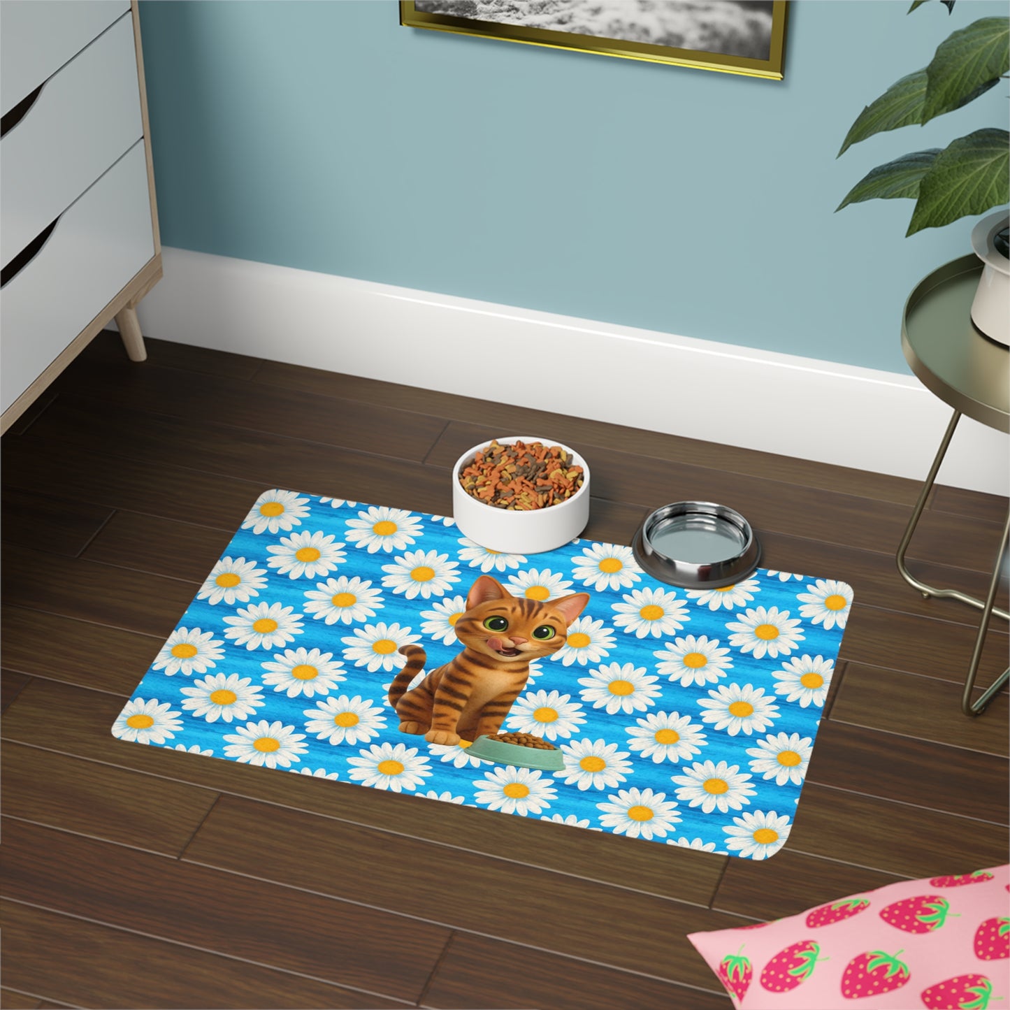 Cute Tabby Cat Pet Food Mat (12x18) — Daisy Pattern, Non-Slip Feeding Placemat