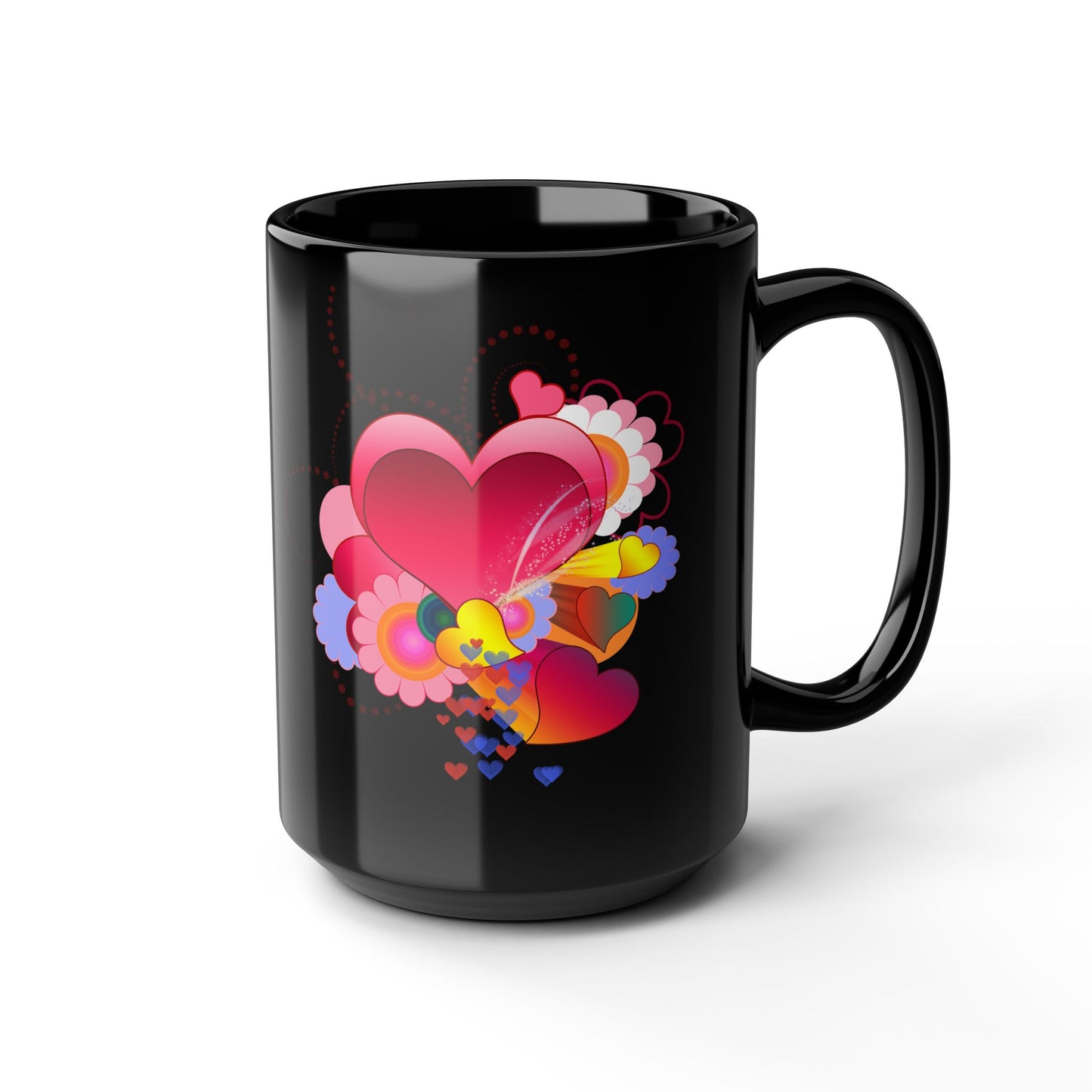 15oz Black Mug — Colorful Heart Floral Love Design