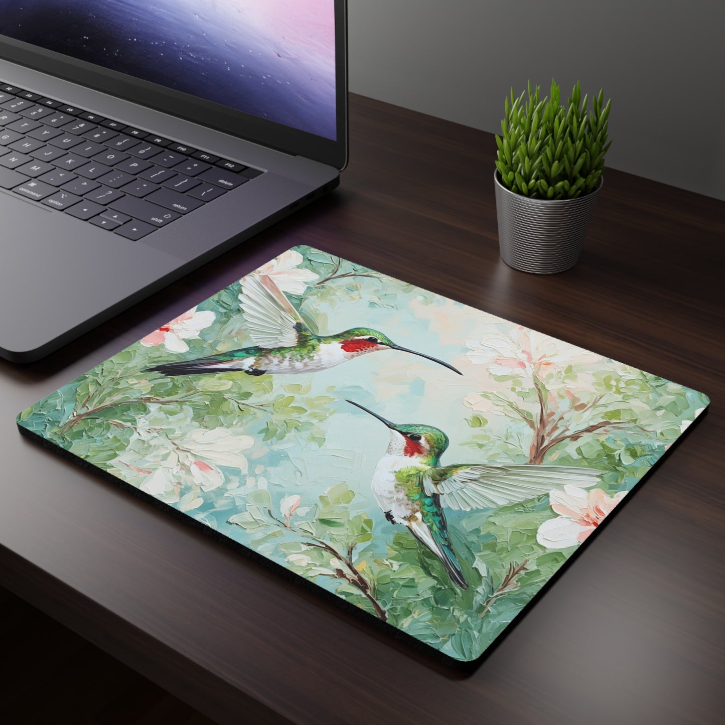 Hummingbird Garden Rectangular Mouse Pad — Floral Wildlife Desk Mat