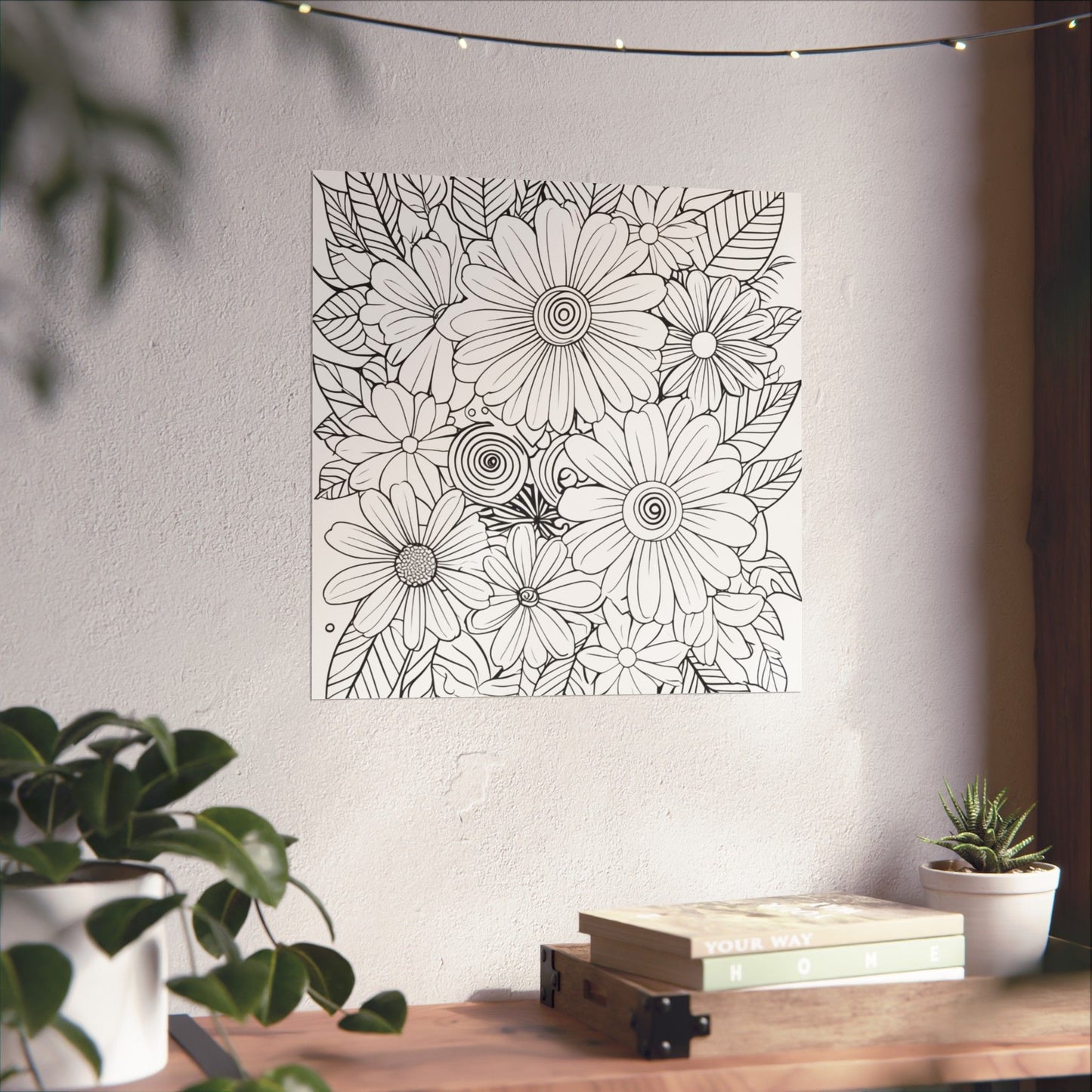 DIY Botanical Doodle Poster — Black & White Floral Coloring Art Print