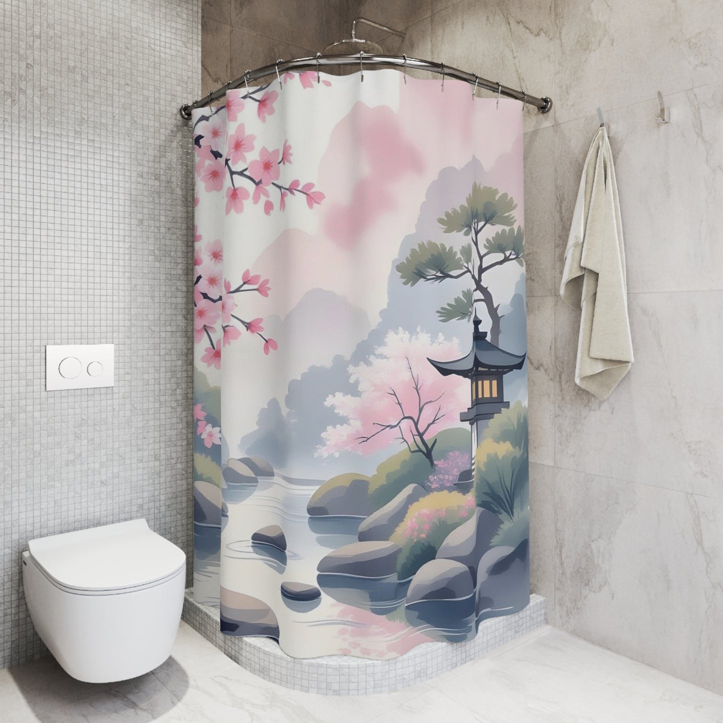 Zen Cherry Blossom Shower Curtain — Japanese Garden Bath Decor