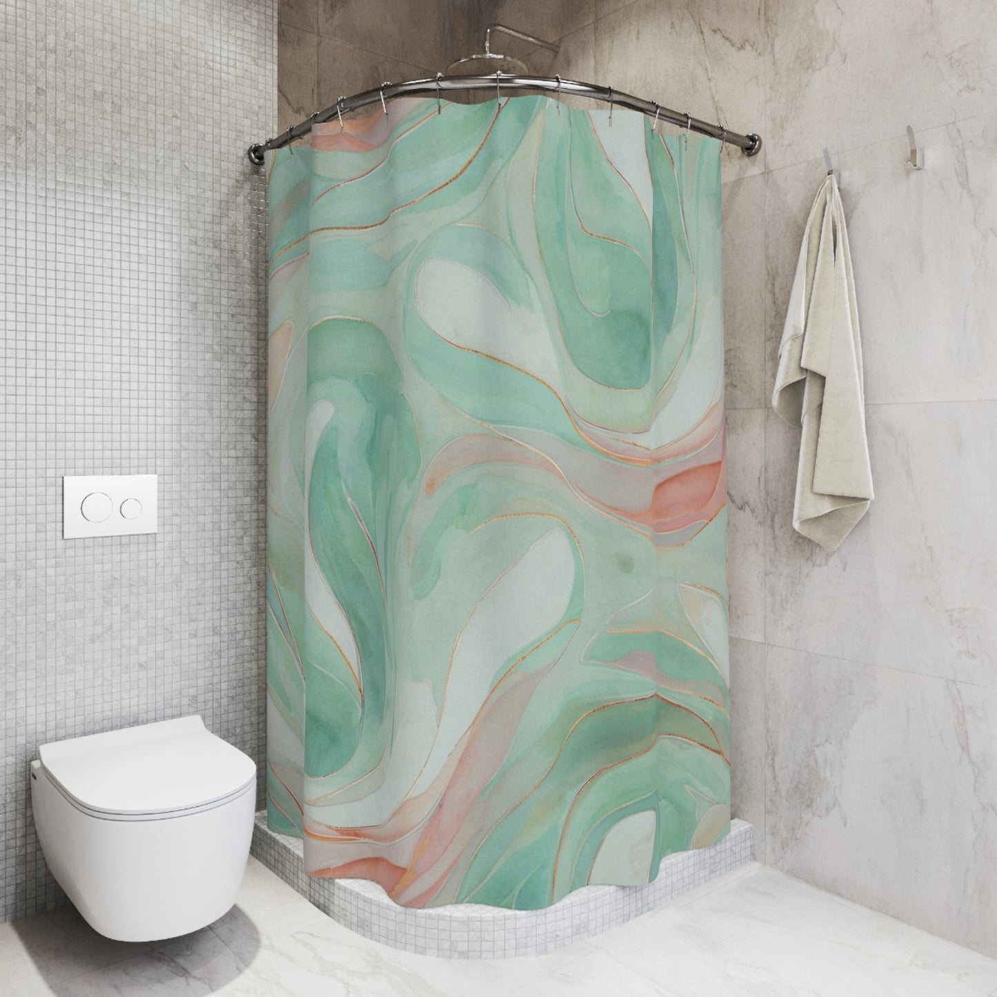 Aqua Marble Shower Curtain — Mint Green & Coral Swirl Bathroom Decor
