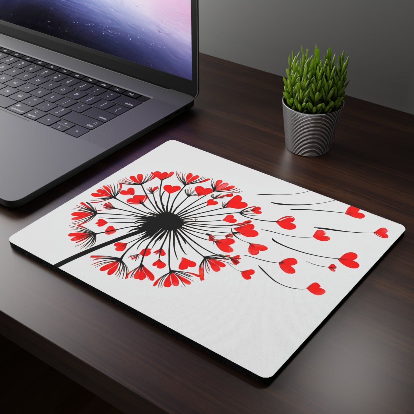 Heart Dandelion Rectangular Mouse Pad — Romantic Floral Desk Mat