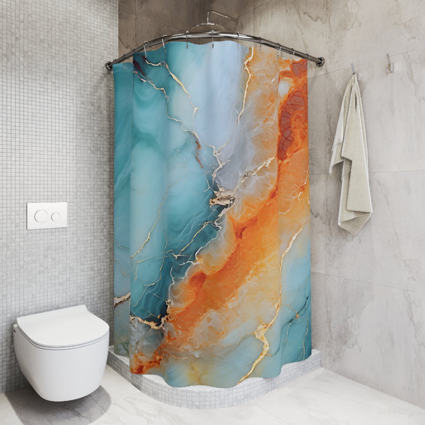 Abstract Blue Orange Marble Shower Curtain – Turquoise & Coral Bathroom Decor