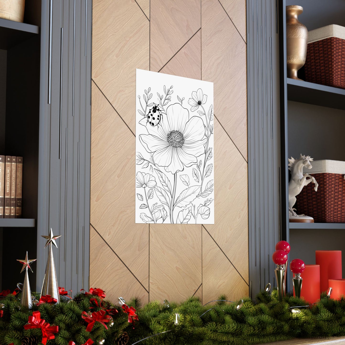 Botanical Ladybug Matte Poster — Floral Line Art Vertical Wall Print