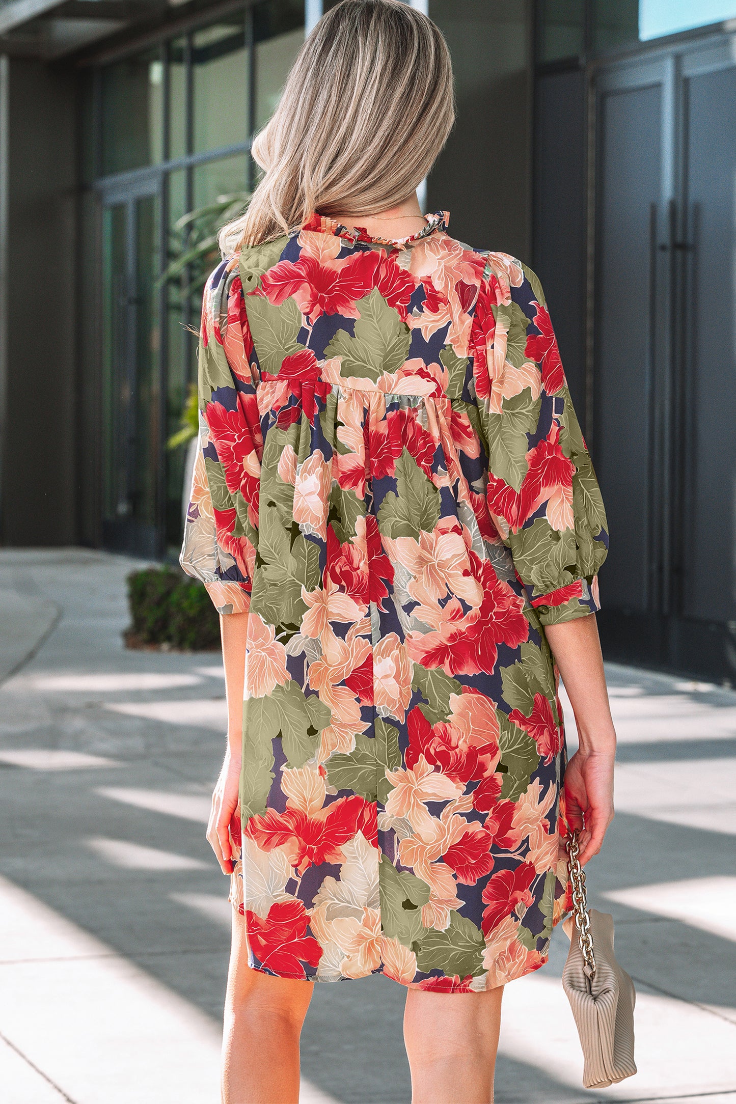 Green Floral Print Frilled Collar V Neck Half Sleeve Mini Dress