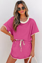 Rose Red Colorblock Edge Drop Shoulder T Shirt and Skort 2Pcs Set