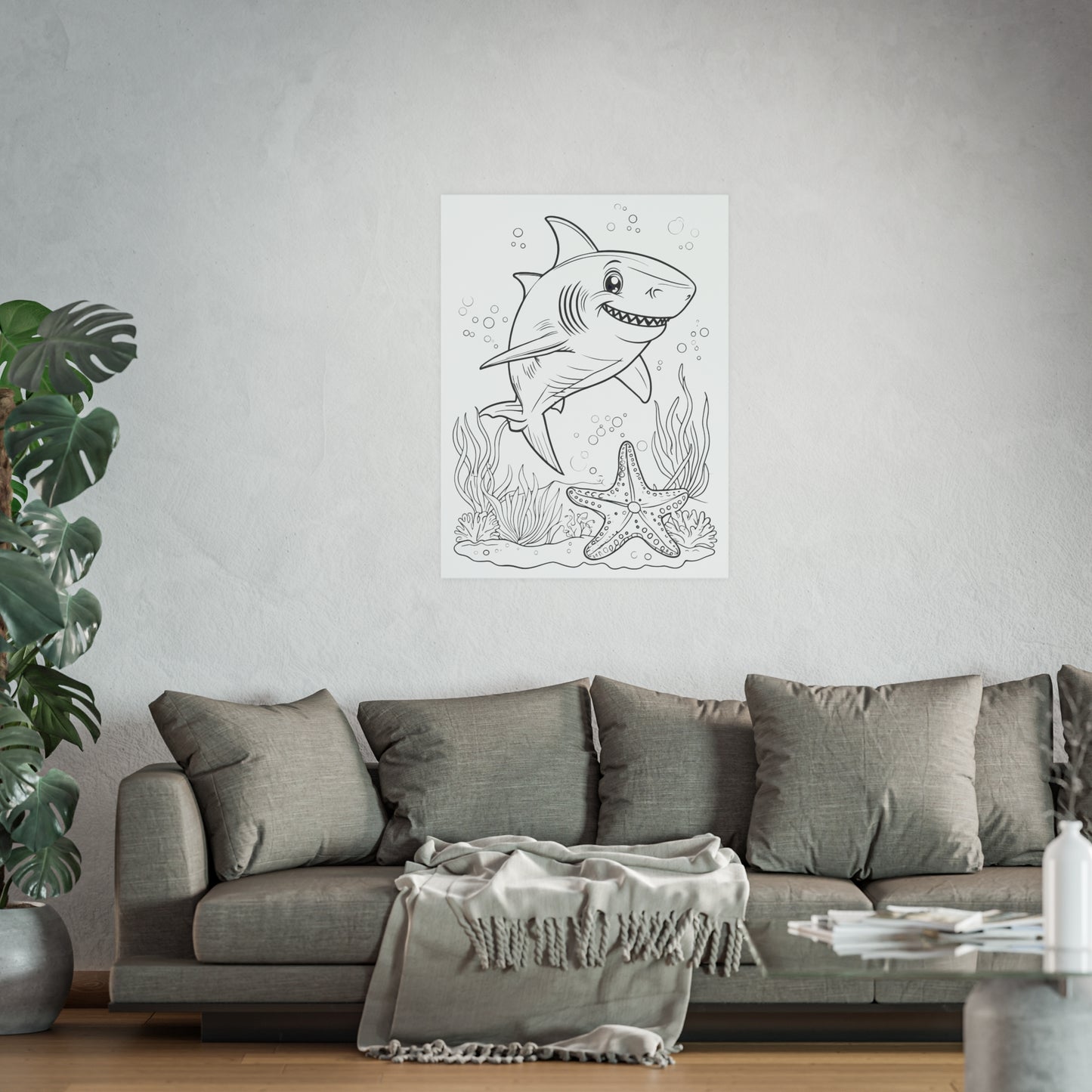 Cute Shark Coloring Poster — Satin & Archival Matte Ocean Print for Kids’ Rooms