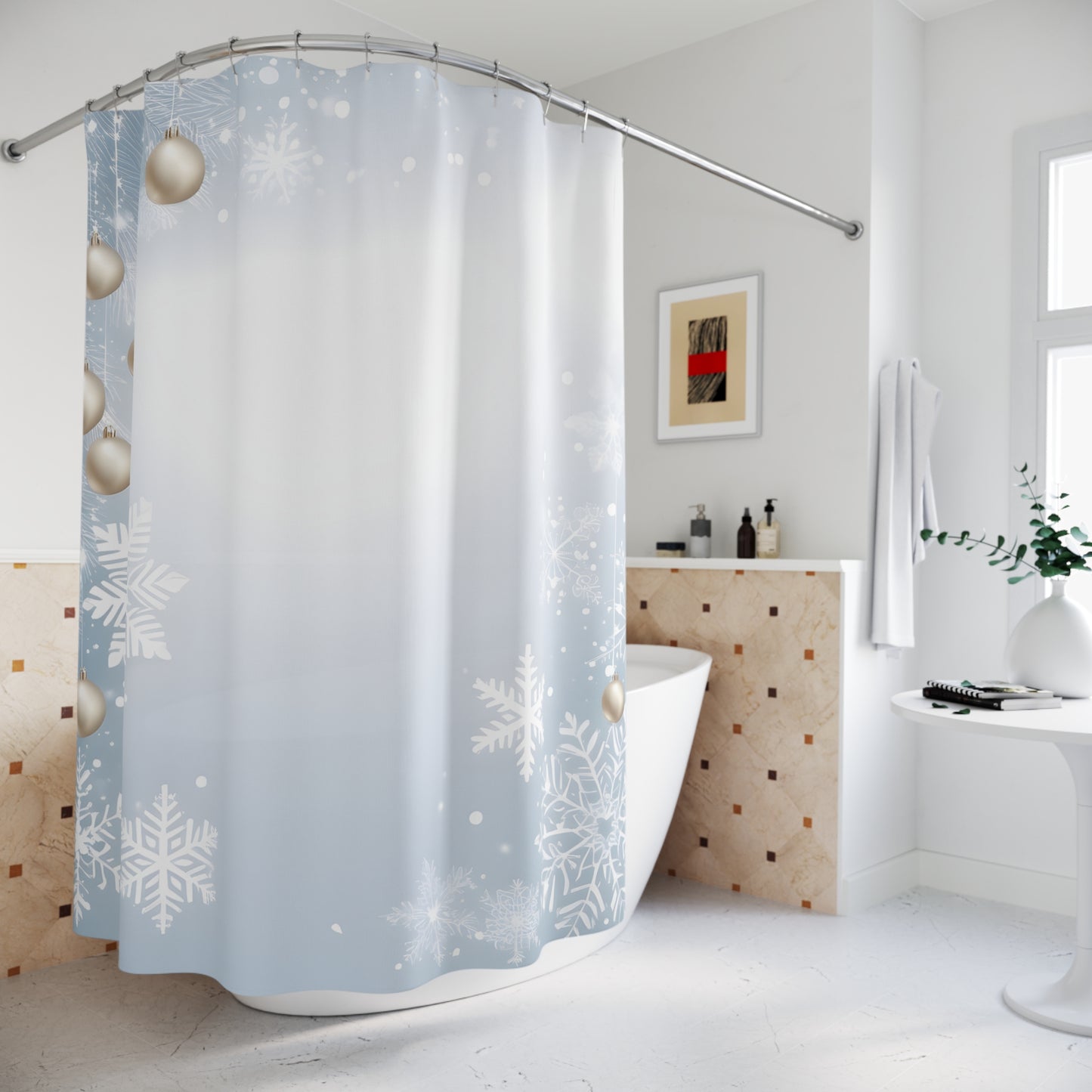 Winter Snowflake Shower Curtain with Silver Ornaments — Holiday Bathroom Decor
