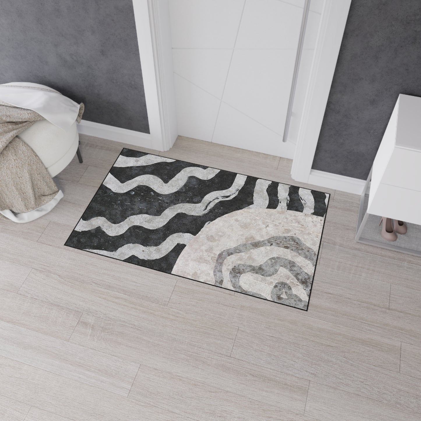 Abstract Black & Gray Heavy Duty Floor Mat — Modern Wave Rug for Entryway, Kitchen, or Office