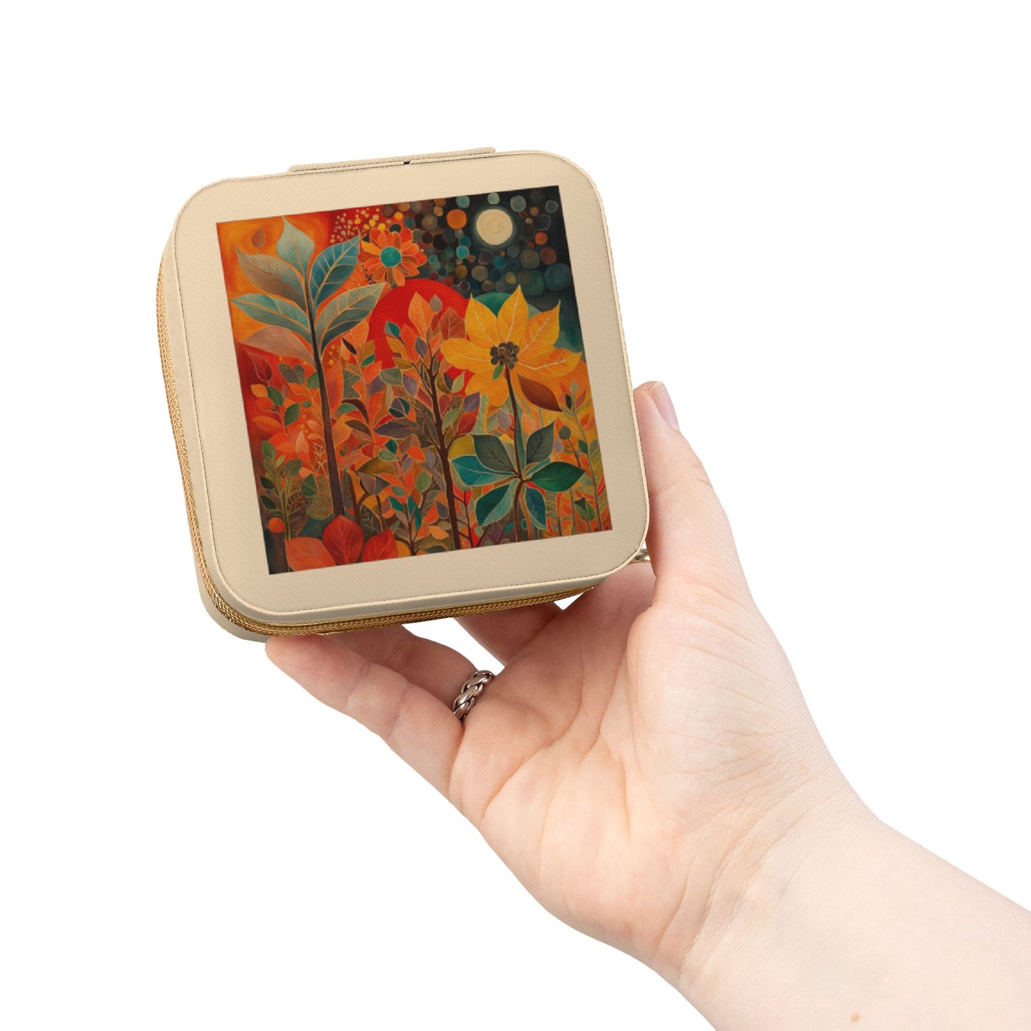 Floral Sunset Jewelry Travel Case — Compact Organizer for Rings, Earrings & Necklaces