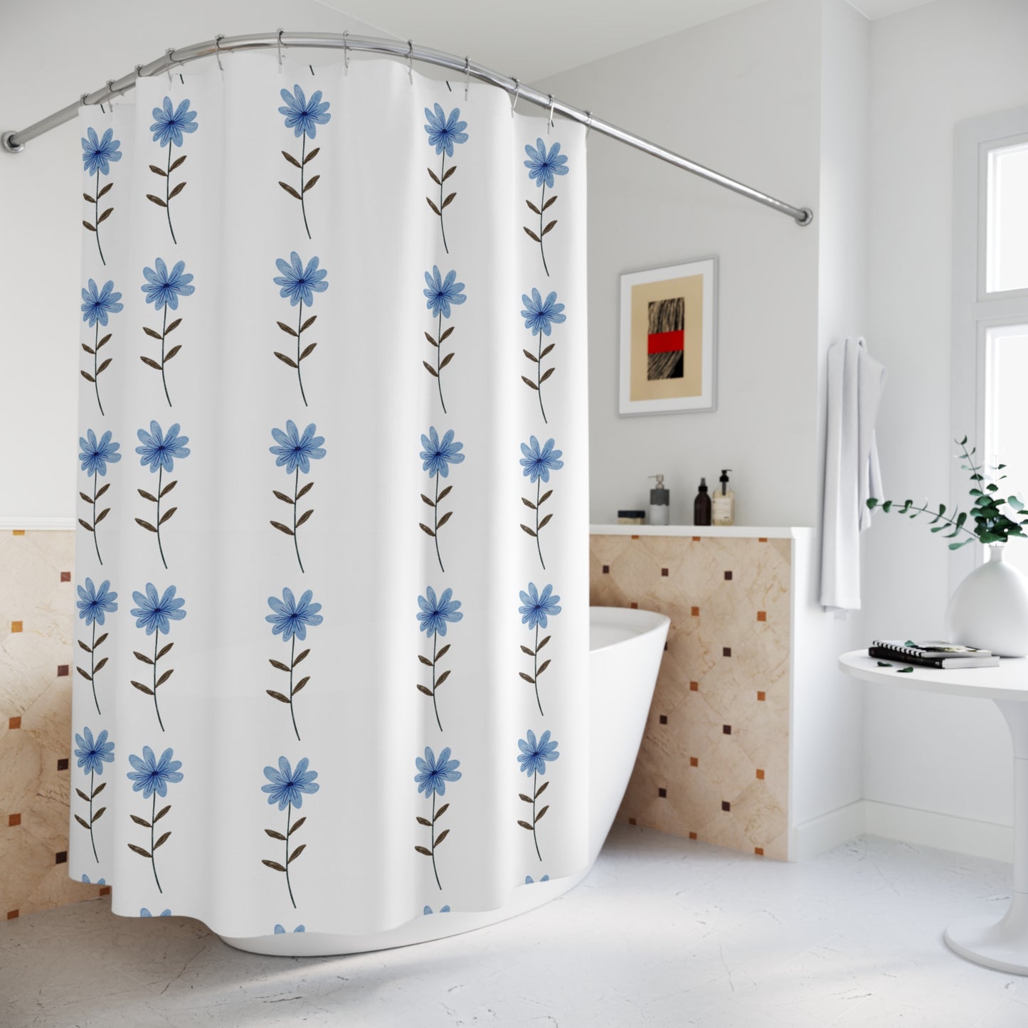 Blue Daisy Floral Shower Curtain — Simple Vertical Flower Pattern