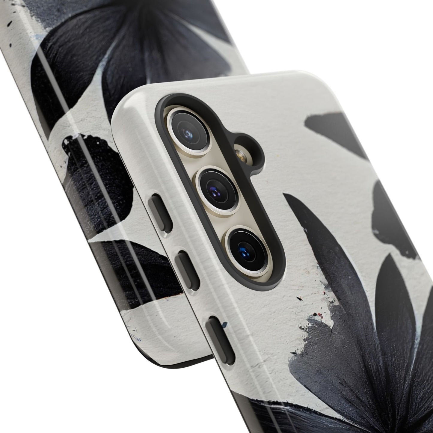 Monochrome Floral Tough Phone Case — Black Ink Flower Protective Cover