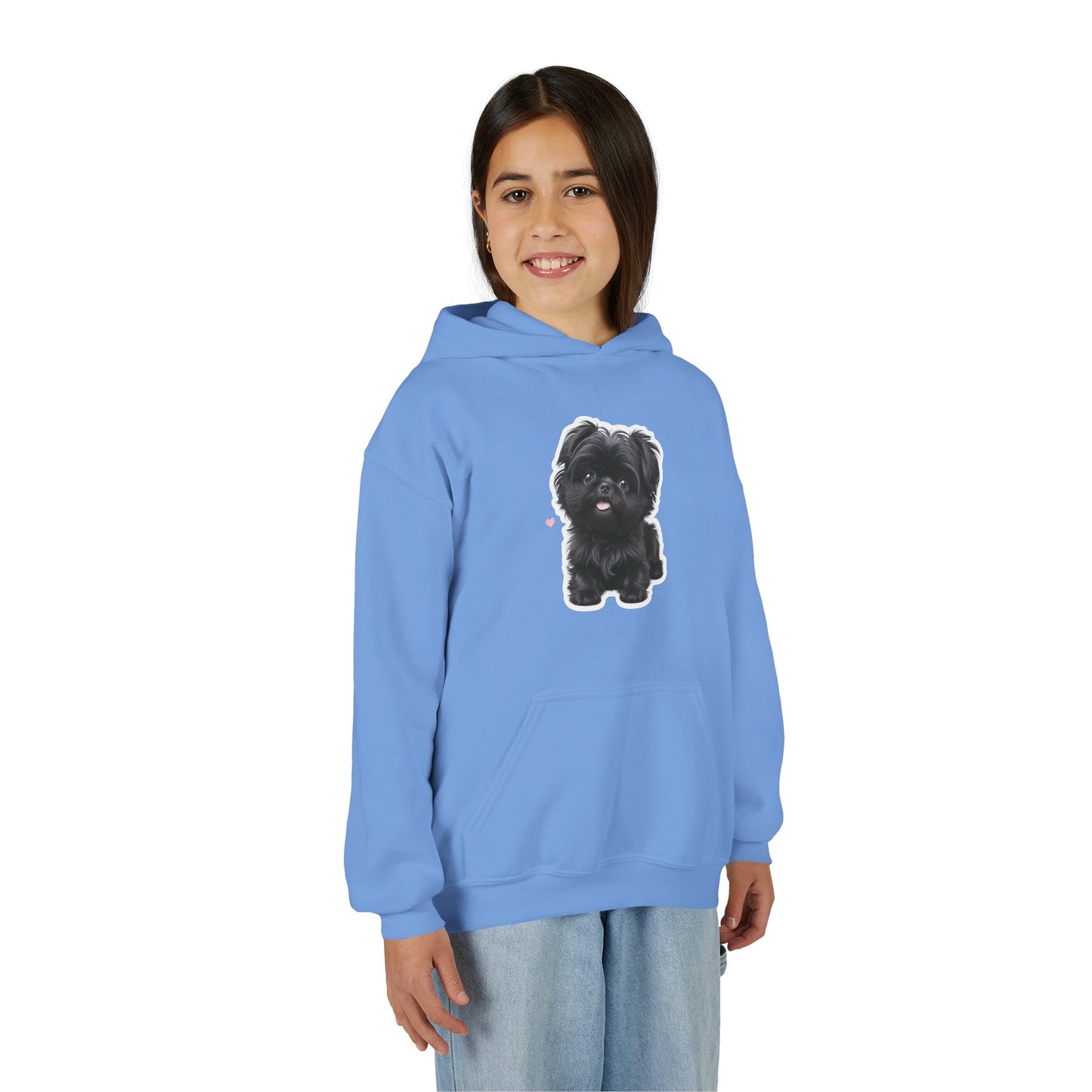 Youth Hoodie — Cute Black Shih Tzu with “Love Has Four Paws” Back Print
