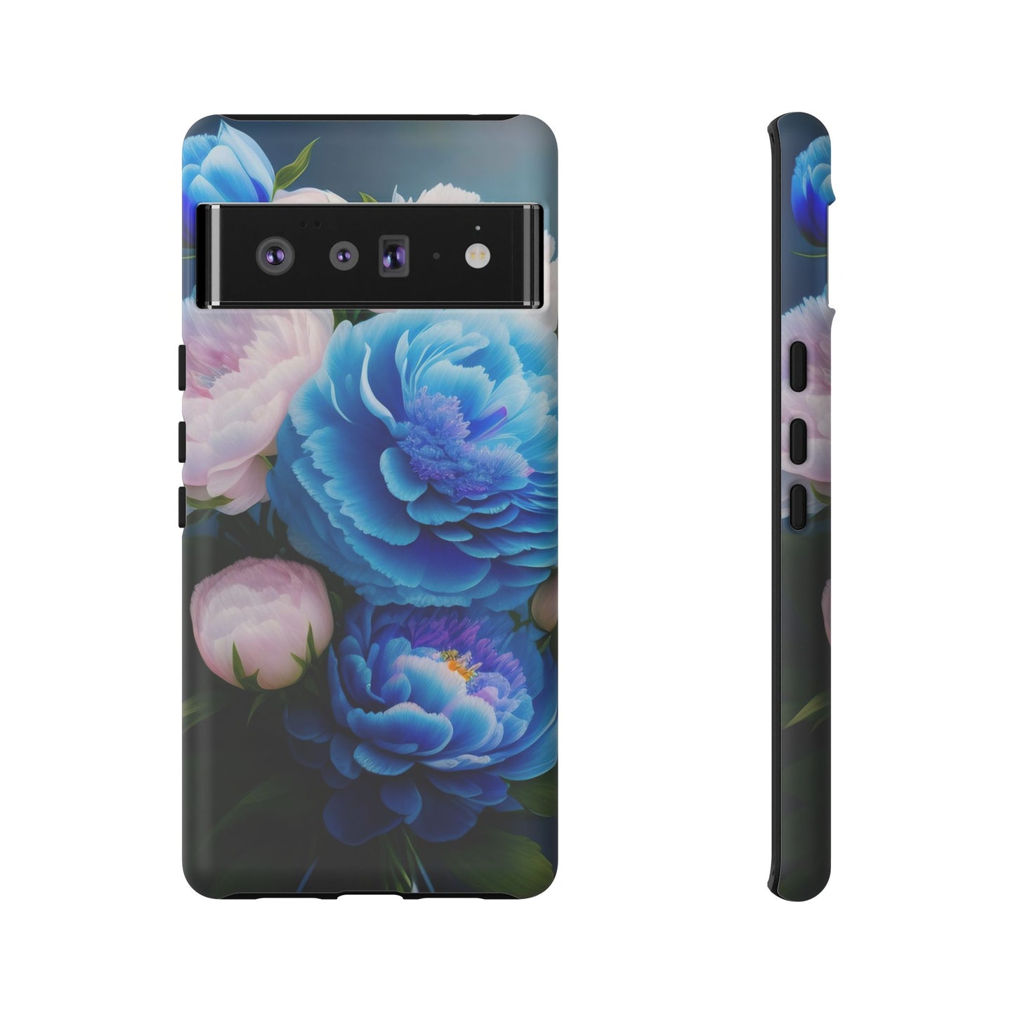 Floral Blue Peony Phone Case — Protective Tough Case with Pink & Blue Blooms