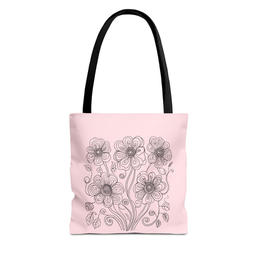 Floral Doodle Pink Tote Bag — Hand-Drawn Flower Design
