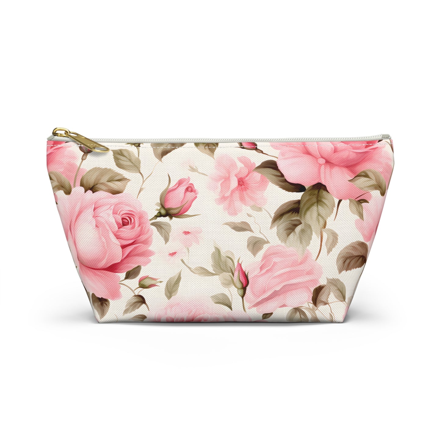 Floral Rose Accessory Pouch - Pink Vintage Cosmetic Bag with T-Bottom