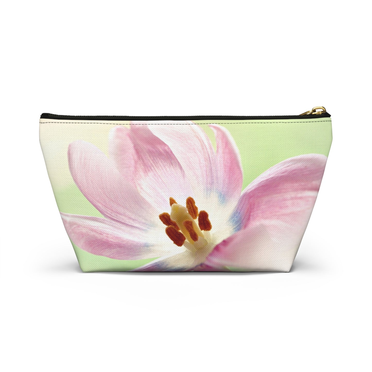 Pink Tulip Floral Accessory Pouch — Cosmetic Makeup Bag with T-Bottom