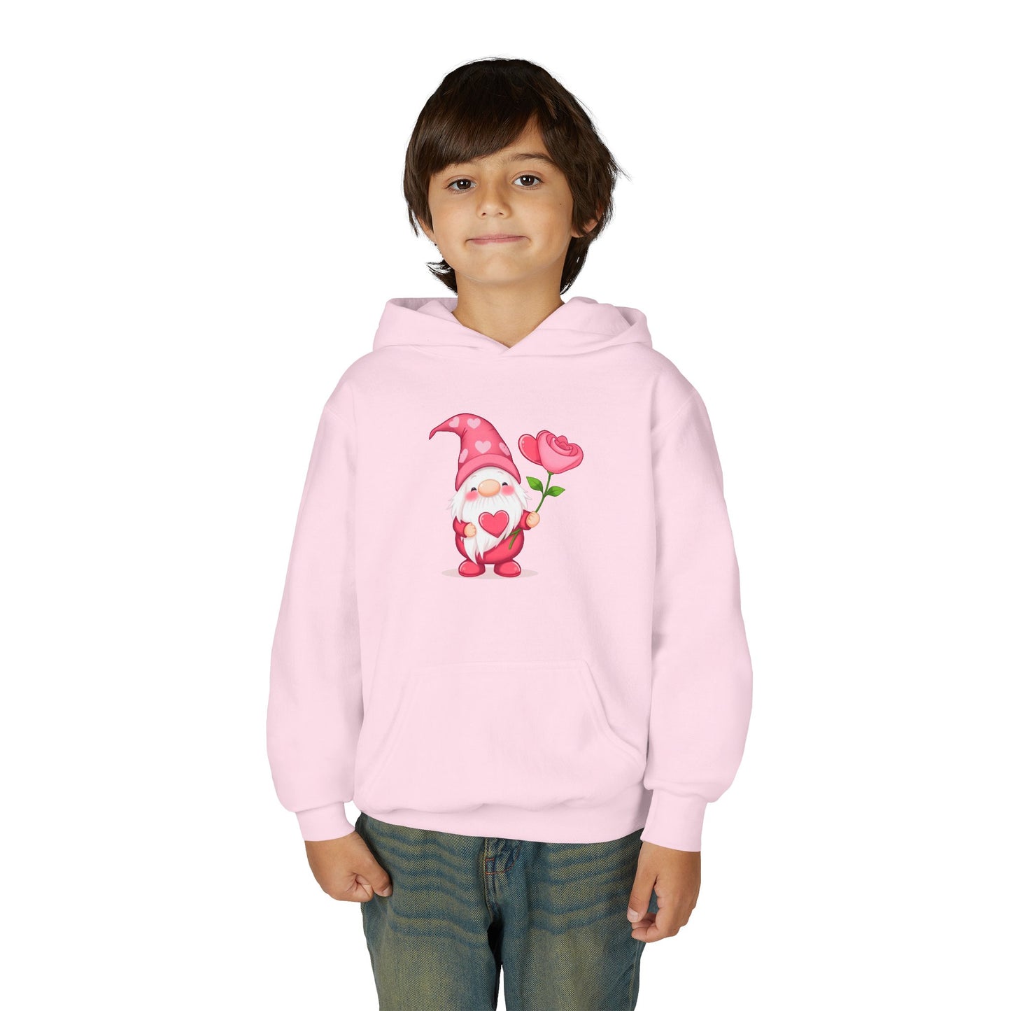 Valentine Gnome Kids Hoodie — Cute Pink Gnome Holding Rose Youth Sweatshirt