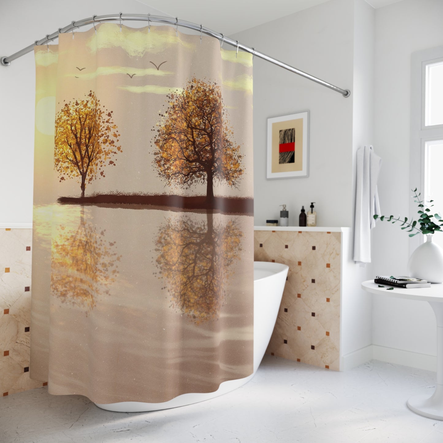 Autumn Reflection Shower Curtain — Golden Trees Sunrise Bathroom Decor
