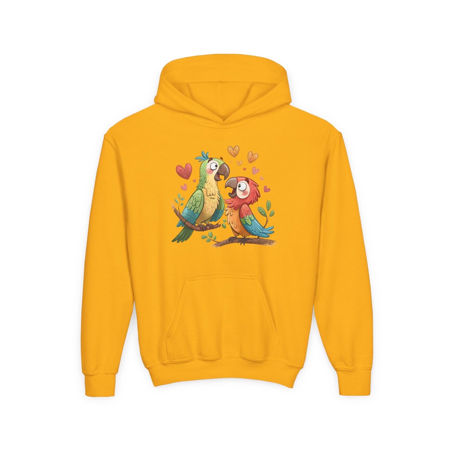 Youth Hoodie — Cute Parrot Couple Illustration (Hearts, Kids Pullover)