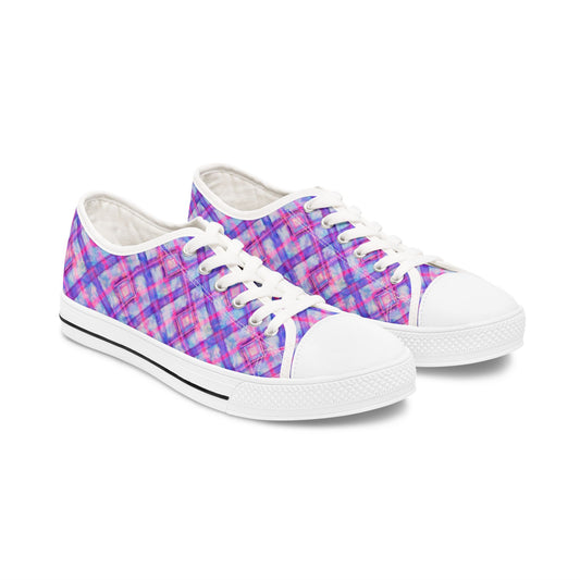 Women's Low Top Sneakers — Pink Purple Plaid Casual Canvas Shoes
