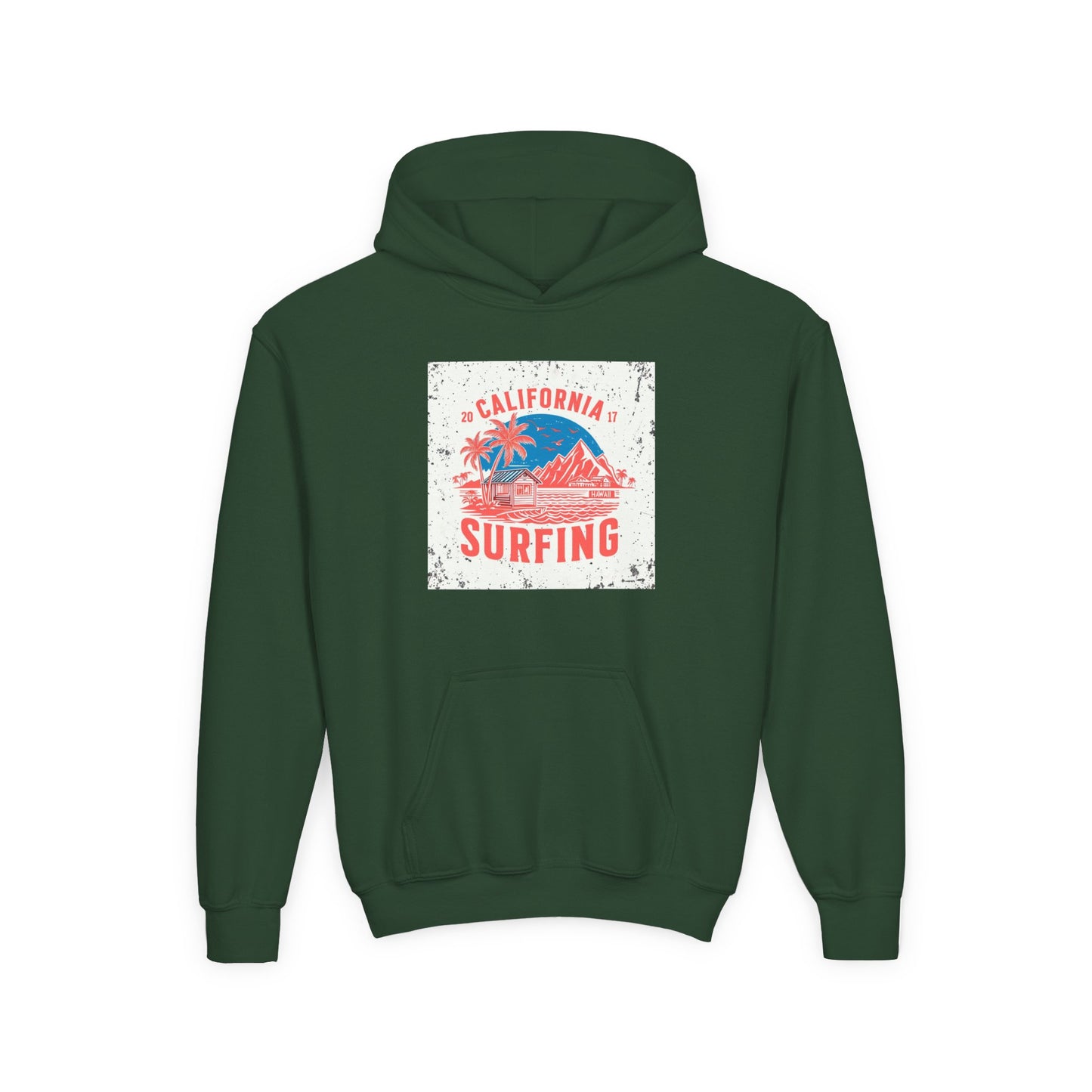 California Surfing Youth Hoodie — Retro Beach Palm Tree Surf Graphic